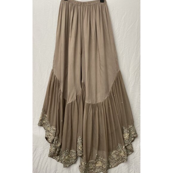 Trousers Elastic Sharara Wide Size M Boho Pants Brown Embroidered Rhinestones - Picture 9 of 9
